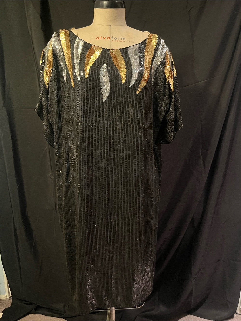 Vintage Early 90s Sequined Black Shift Dress with Gold & Silver (shoulder pads)